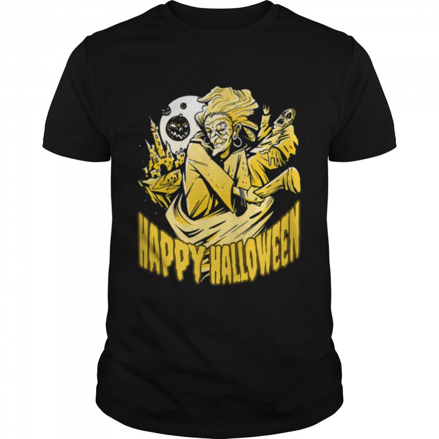 Halloween Witch Flying with Broom Masek Scary Design Party T-Shirt B09JTXK8Q8