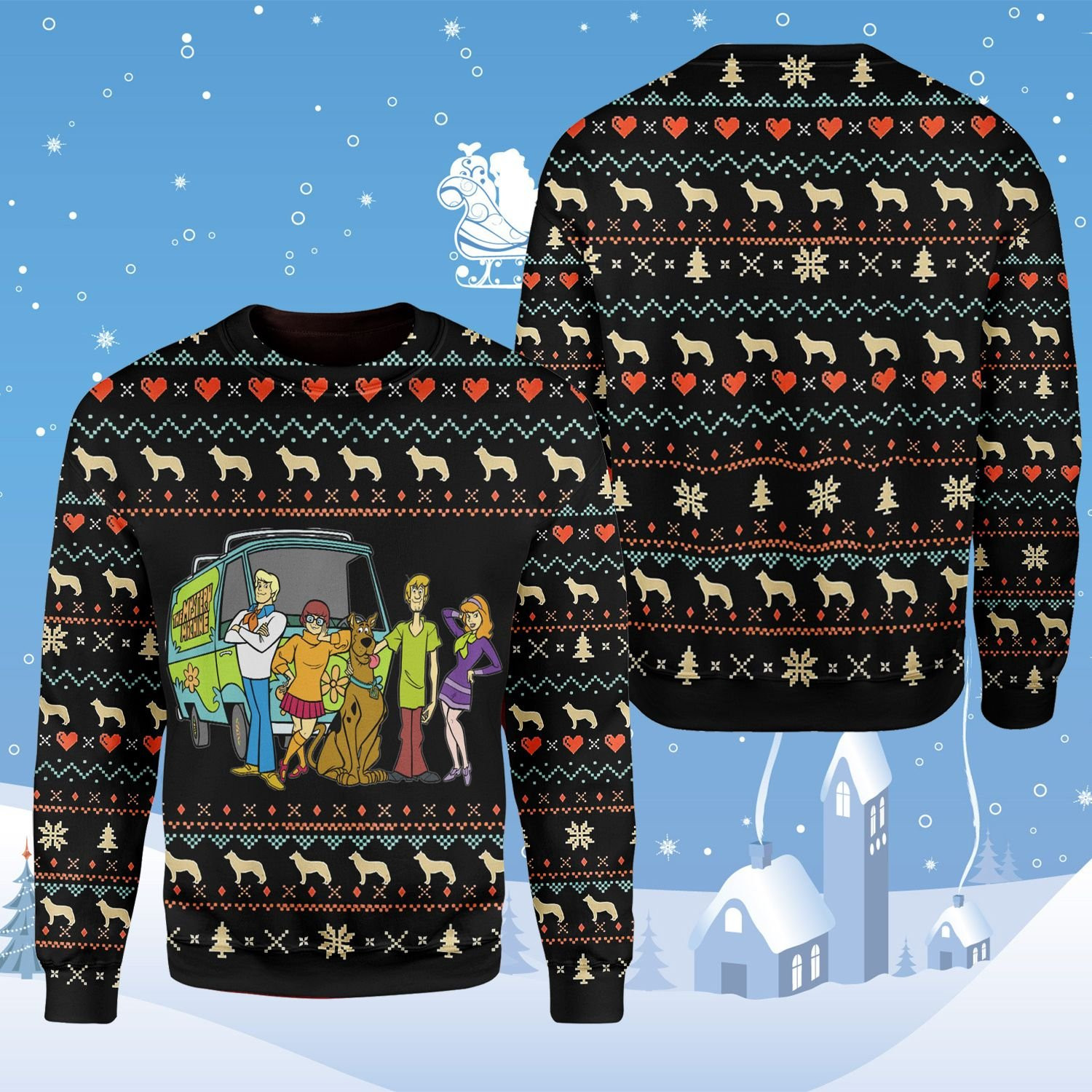 Happy Dog Scooby Doo team Printed Ugly Sweater