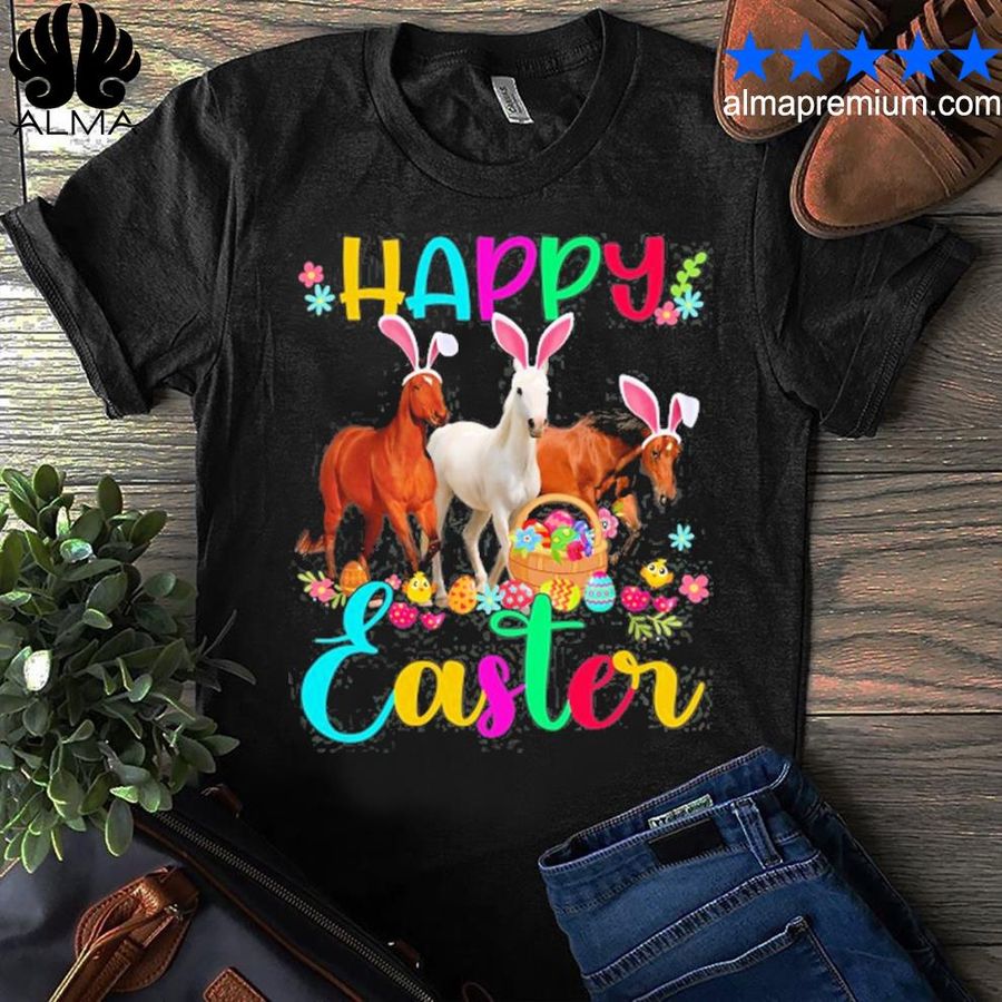 Happy Easter Horse Lover Three Horse Wearing Bunny Ear Shirt