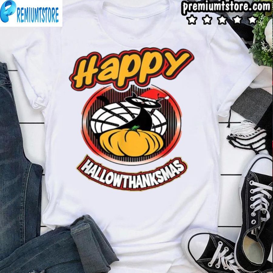 Happy Hallothanksmas Cat In Santa Hat Holiday Family Shirt
