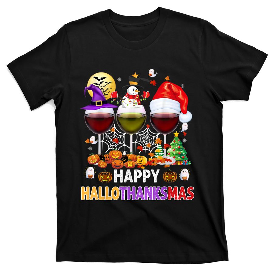 Happy Hallothanksmas Wine Glasses Witch Santa Hat Pumpkin T-Shirts