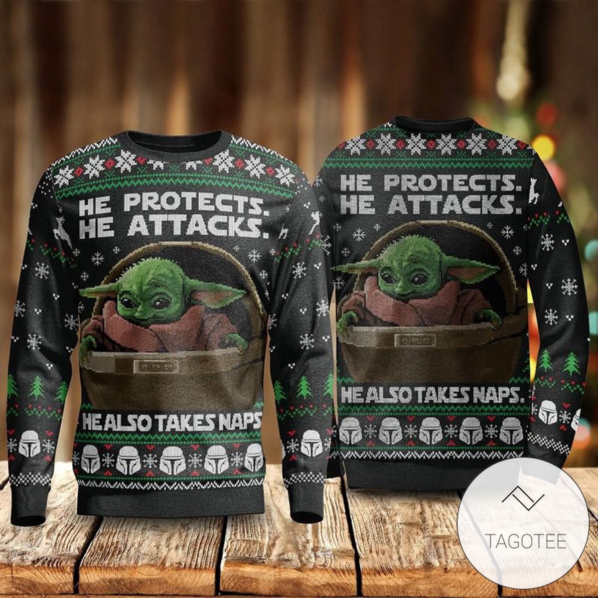 He Protects He Also Take Naps Yoda Christmas Holiday Ugly Sweater