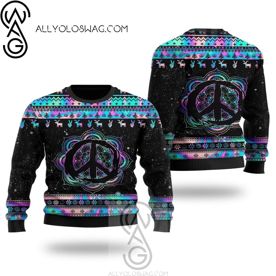 Hippie Holographic Mandala Peace Sign For Hippie Lovers Knitting Pattern Ugly Christmas Sweater