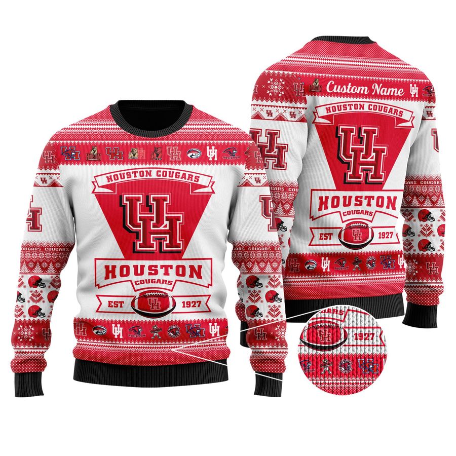 Houston Cougars Football Team Logo Custom Name Personalized Ugly Christmas Sweater, Ugly Sweater, Christmas Sweaters, Hoodie, Sweatshirt, Sweater
