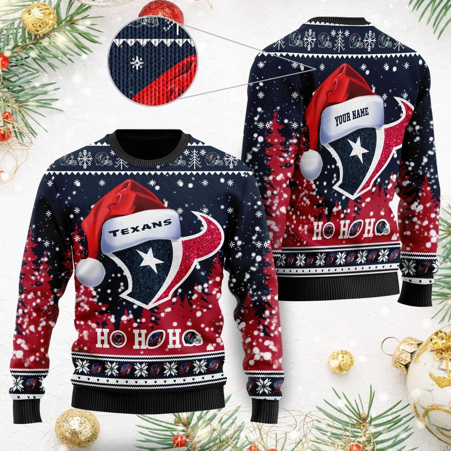 Houston Texans Symbol Wearing Santa Claus Hat Ho Ho Ho Custom Personalized Ugly Christmas Sweater, Christmas Sweaters, Hoodie, Sweatshirt, Sweater