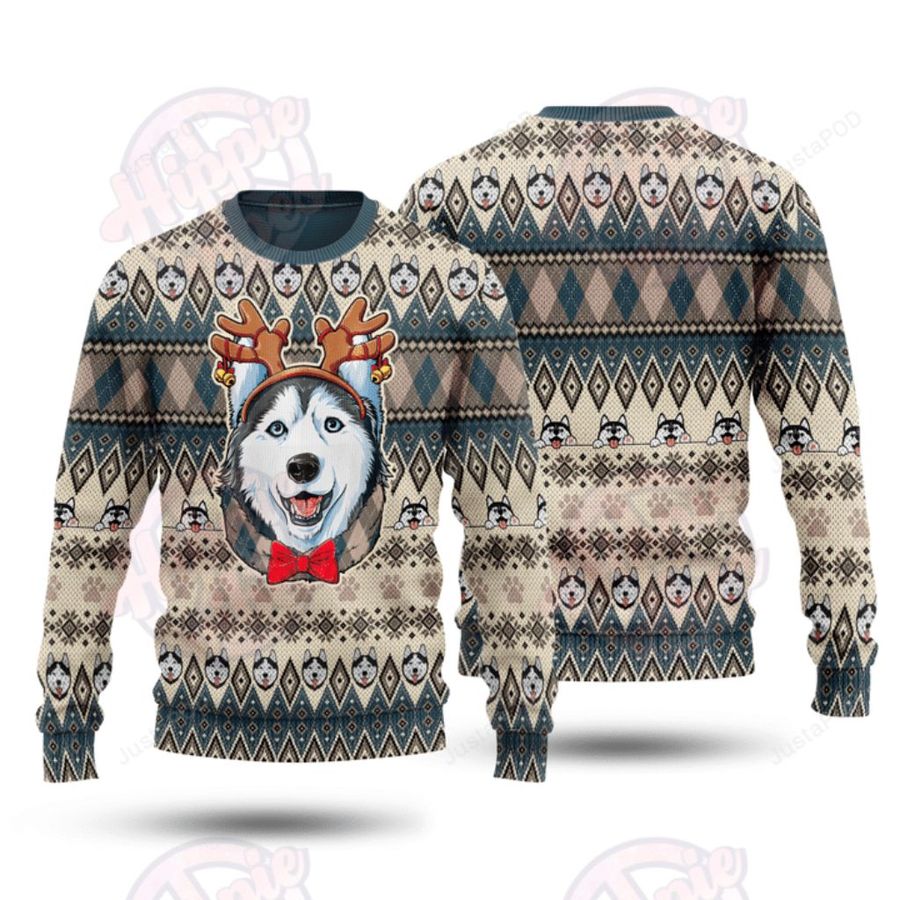 Husky Reindeer Horn Ugly Sweater
