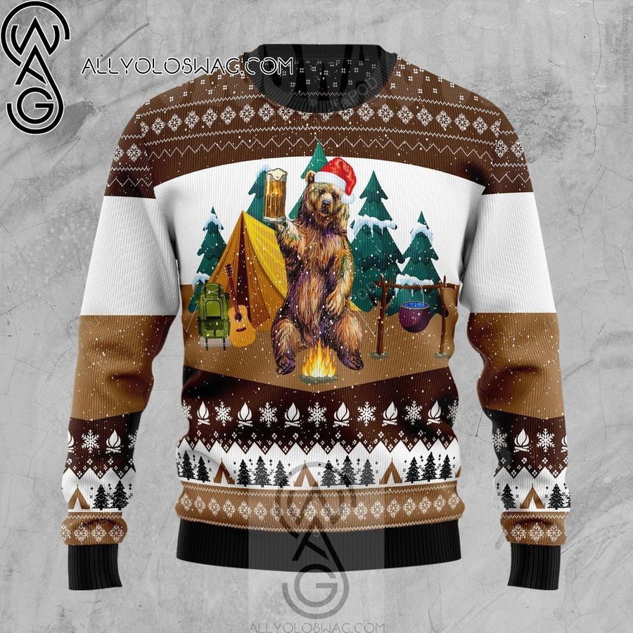 I Hate People Bear Camping Fire Knitting Pattern Ugly Christmas Sweater