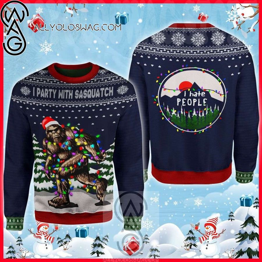 I Party With Sasquatch Camping Knitting Pattern Ugly Christmas Sweater