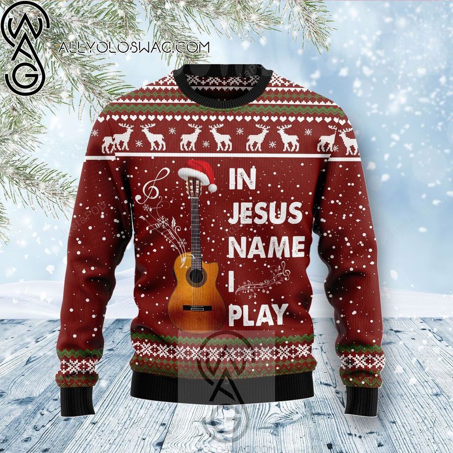 In Jesus Name I Play Guitar Christmas Knitting Pattern Ugly Christmas Sweater