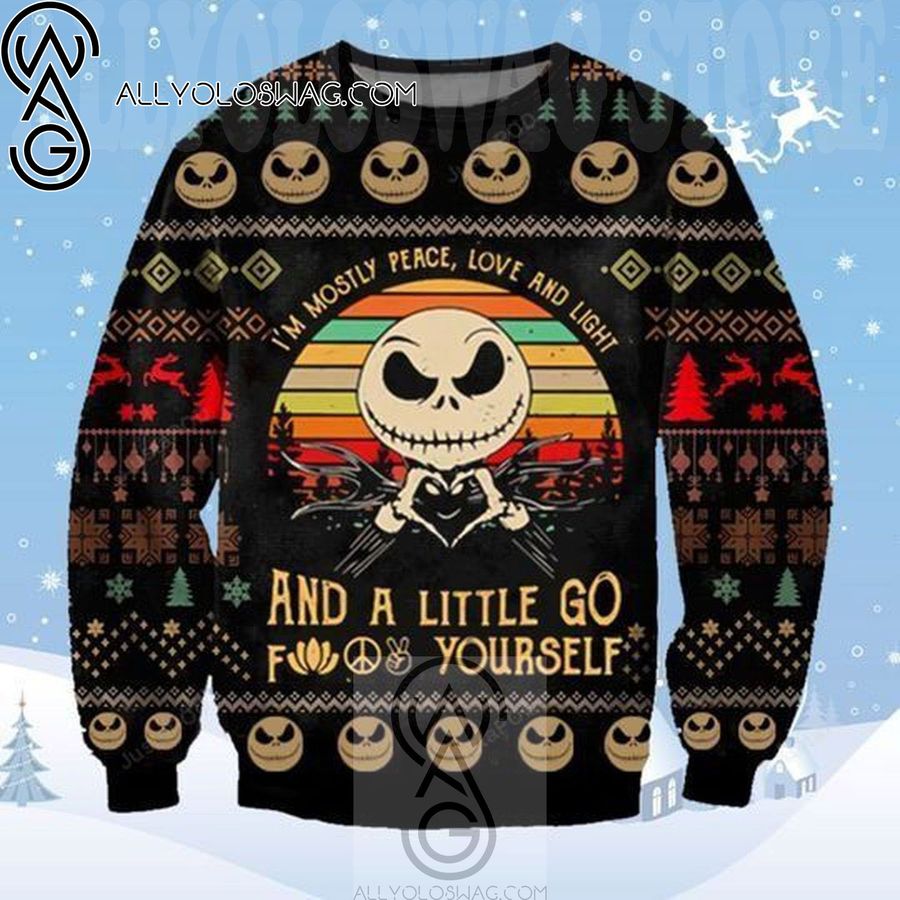 Jack Skellington I'm Mostly Peace Love Light And A Little Go Yourself Knitting Pattern Ugly Christmas Sweater