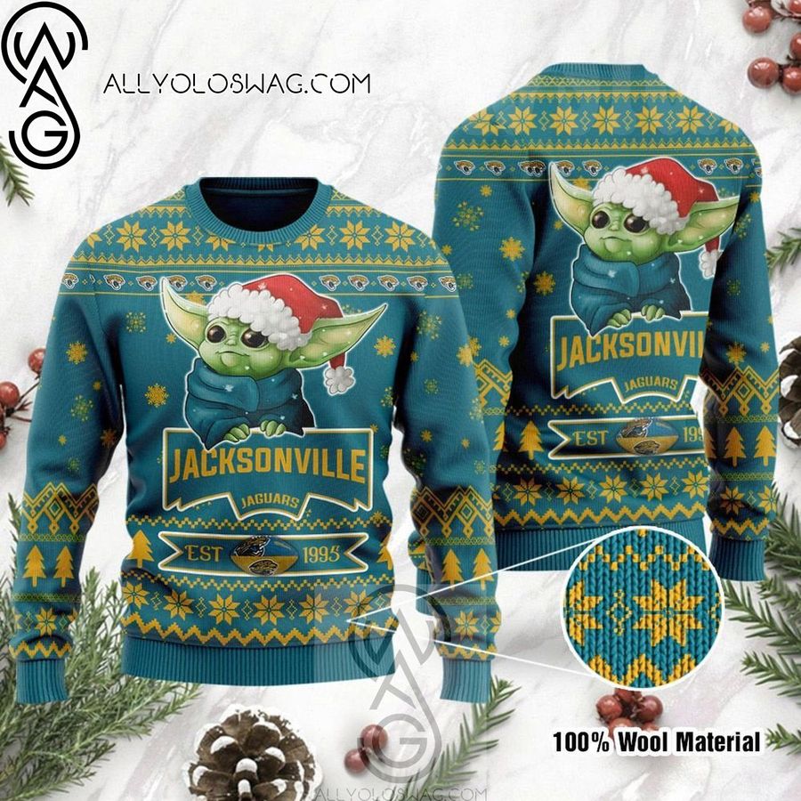 Jacksonville Jaguars And Baby Yoda Holiday Party Knitting Pattern Ugly Christmas Sweater