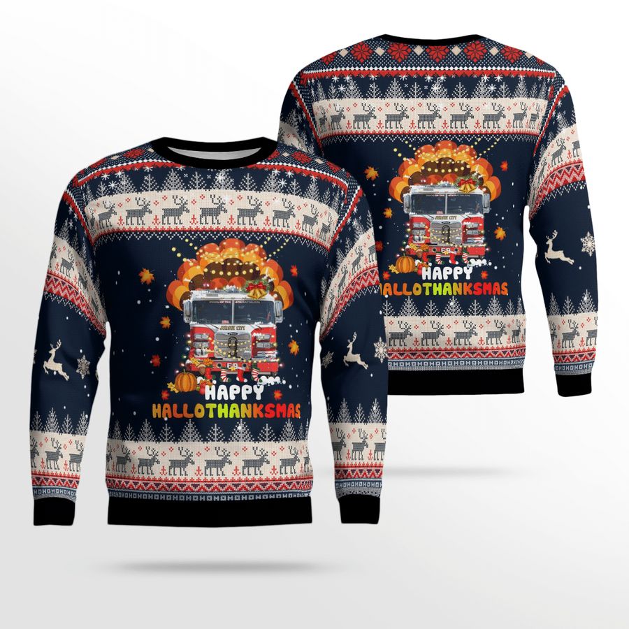 Jersey City Fire Truck Happy Hallothanksmas Christmas Ugly Sweater