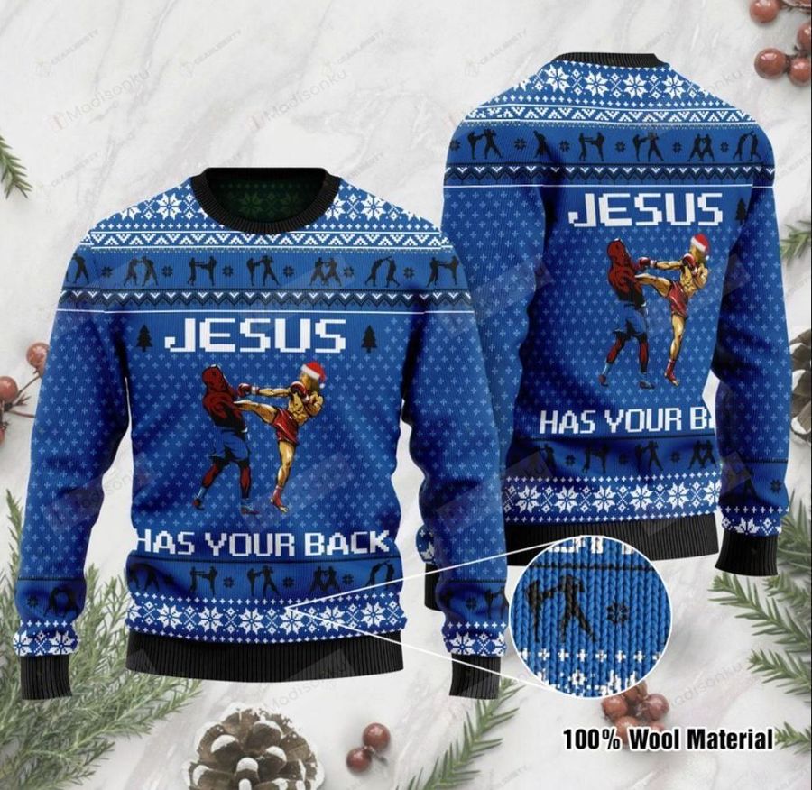 Jesus Has Your Back Muay Thai Ugly Christmas Sweater, All Over Print Sweatshirt