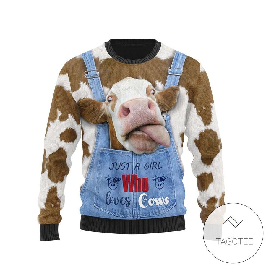 Just a Girl Who Loves Cow Pattern Print Christmas Holiday Ugly Sweater