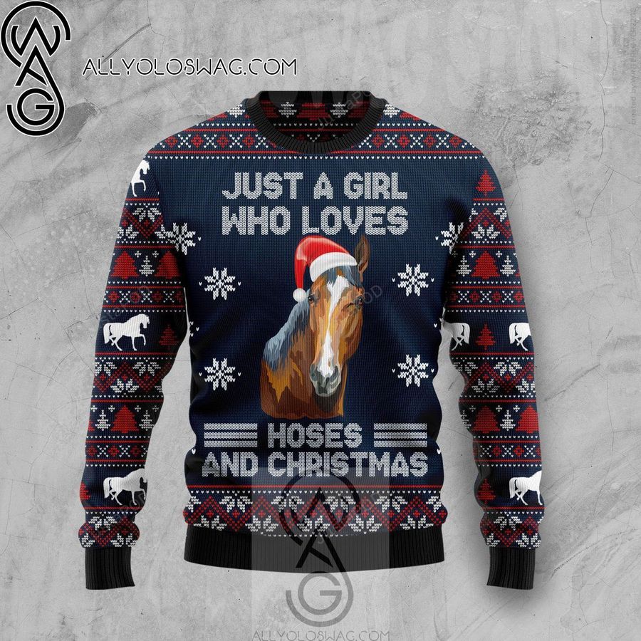 Just A Girl Who Loves Horse And Christmas Knitting Pattern Ugly Christmas Sweater