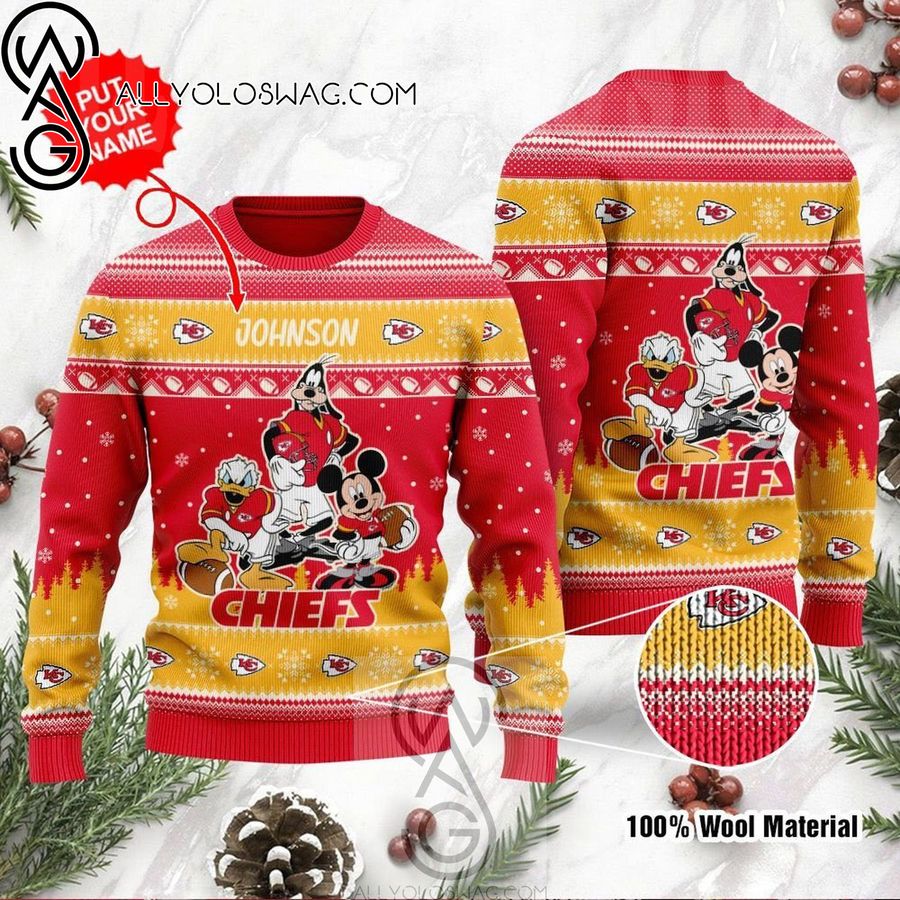 Kansas City Chiefs Disney Donald Duck Mickey Mouse Goofy Knitting Pattern Ugly Christmas Sweater
