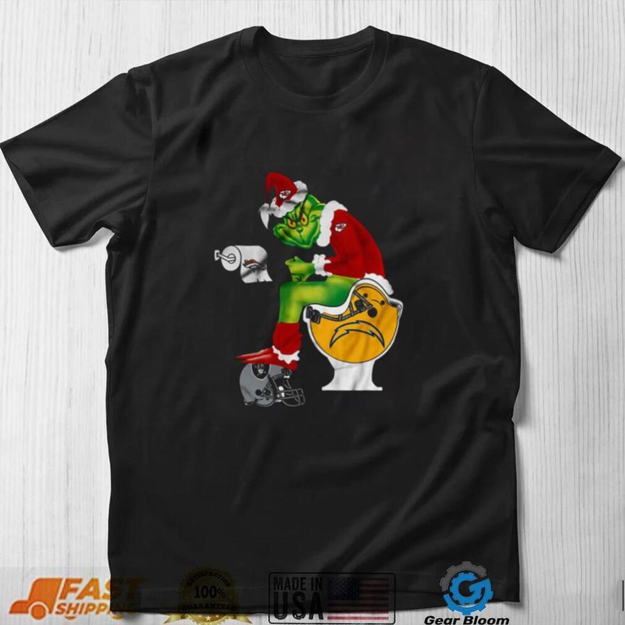 Kansas City Chiefs T Shirts Grinch Sitting On San Diego Chargers Toilet And Step On Oakland Raiders Helmet