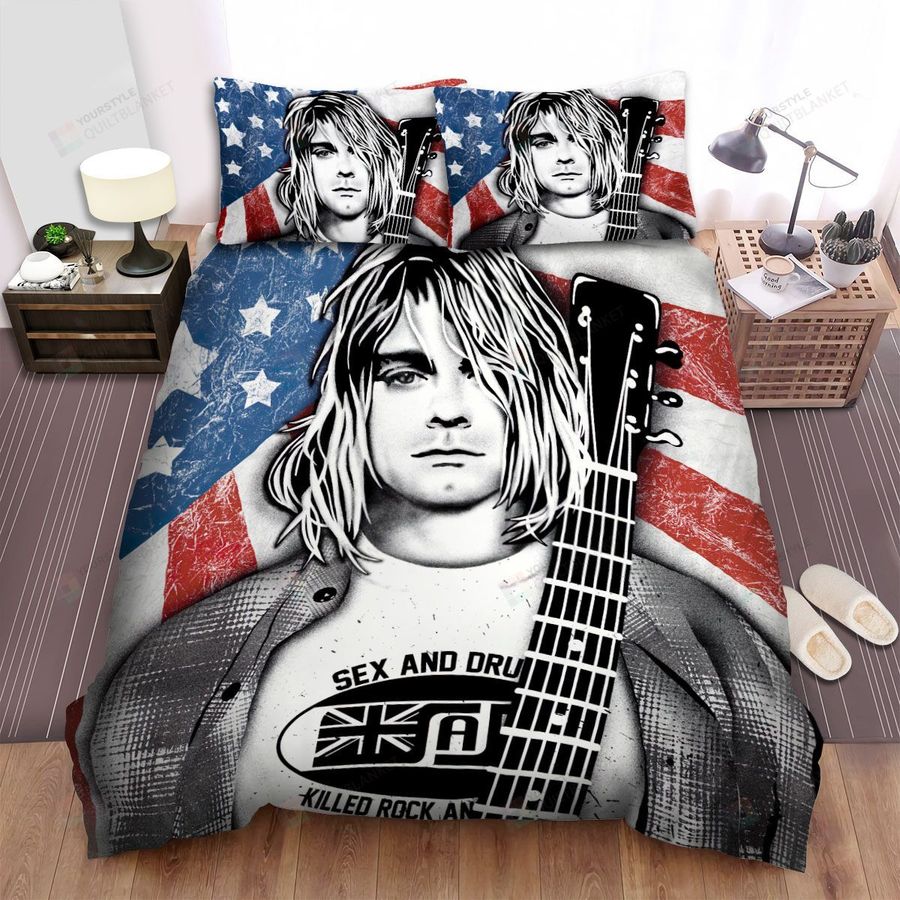 Kurt Cobain With Us Flag Art Bed Sheets Spread Comforter Duvet Cover Bedding Sets