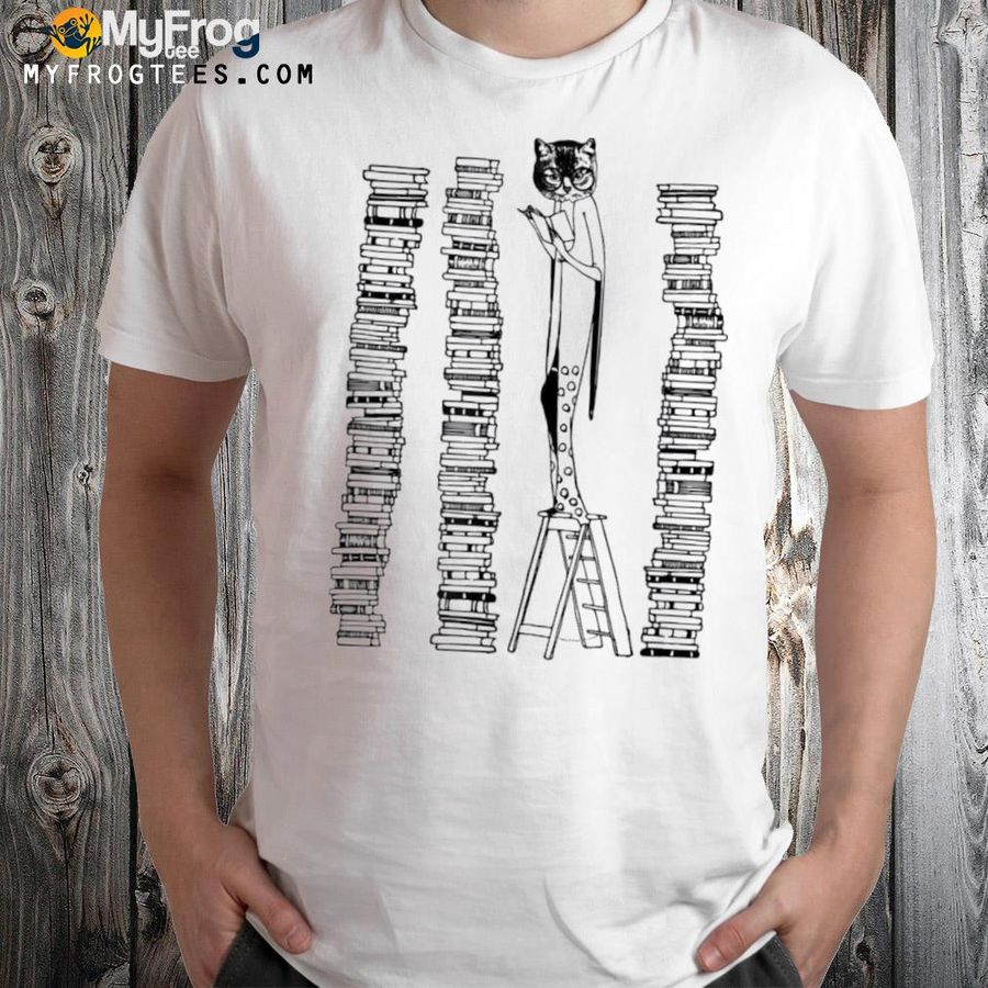 Lady Cat And Stack Of Books Reading Retro Victorian Shirt
