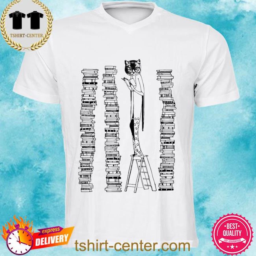 Lady cat and stack of books woman reading retro victorian shirt