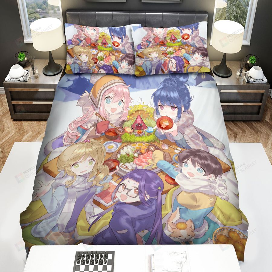 Laid-Back Camp Characters Eating Hotpot In The Snow Bed Sheets Spread Comforter Duvet Cover Bedding Sets