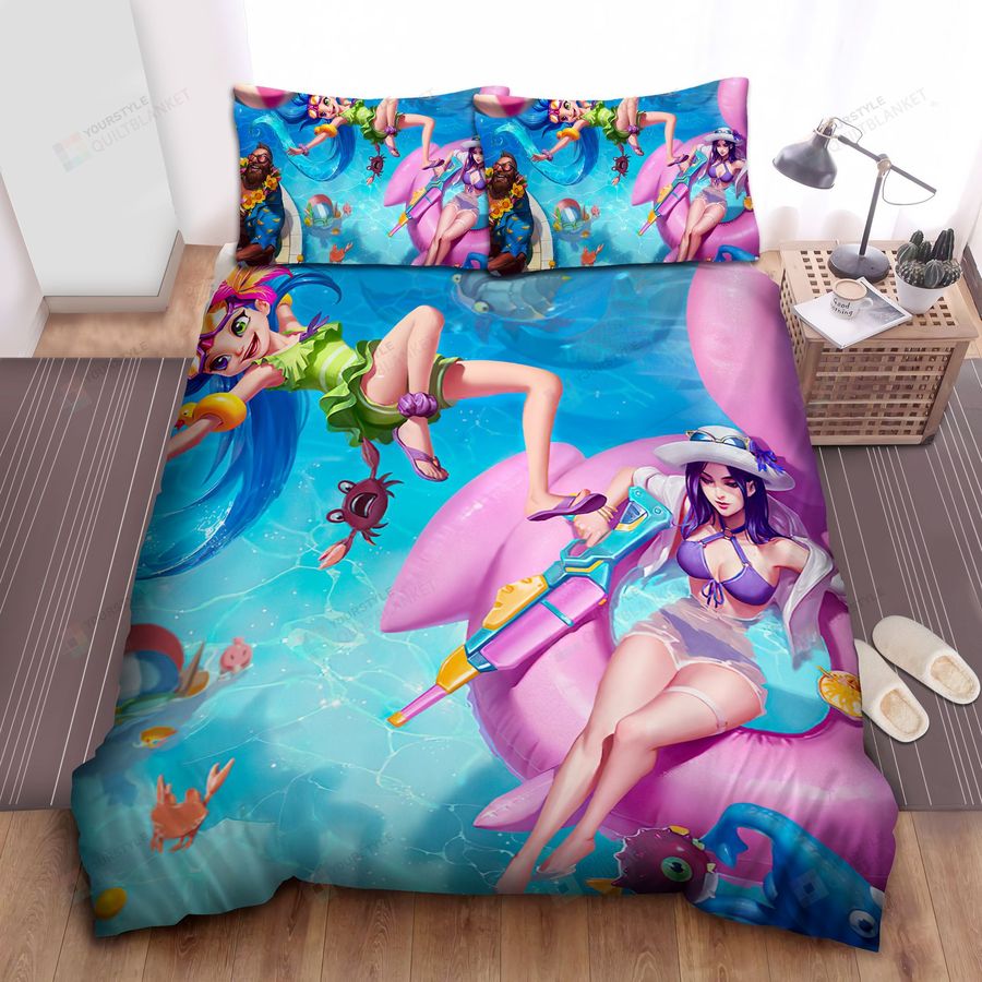 League Of Legends Pool Party Caitlyn Skin Splash Art Bed Sheets Spread Comforter Duvet Cover Bedding Sets