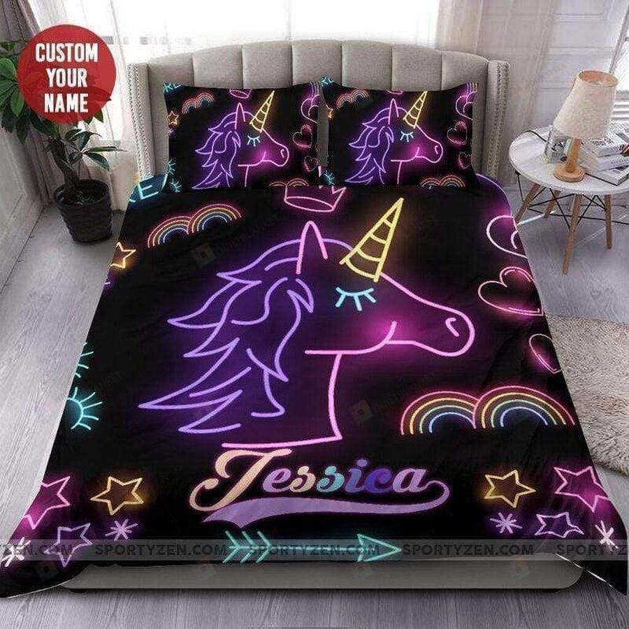 Led Unicorn Personalized Custom Name Duvet Cover Bedding Set