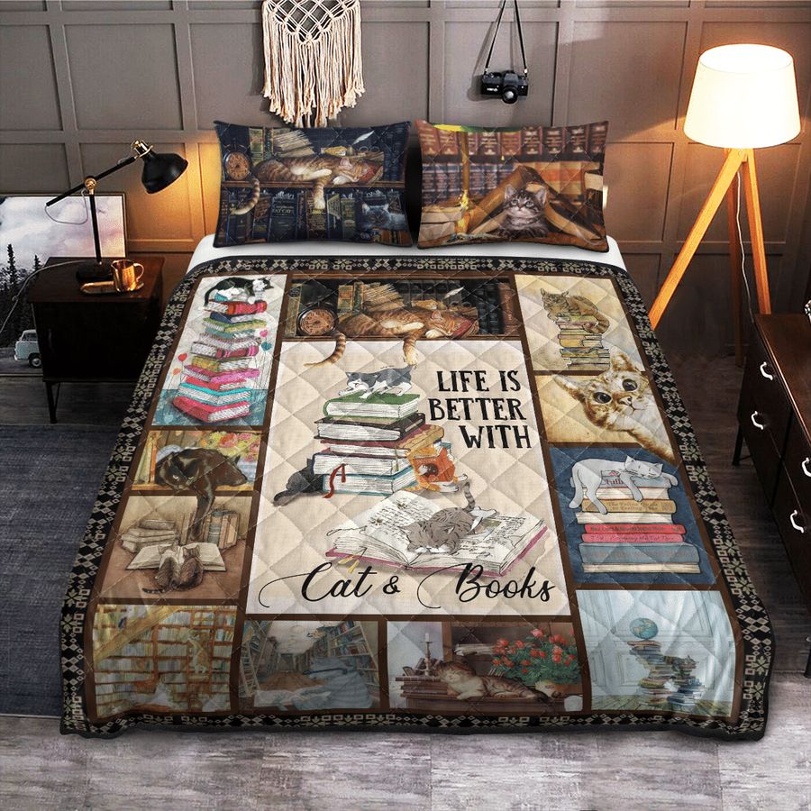 Life Is Better With Cats And Books Quilt Bedding Set