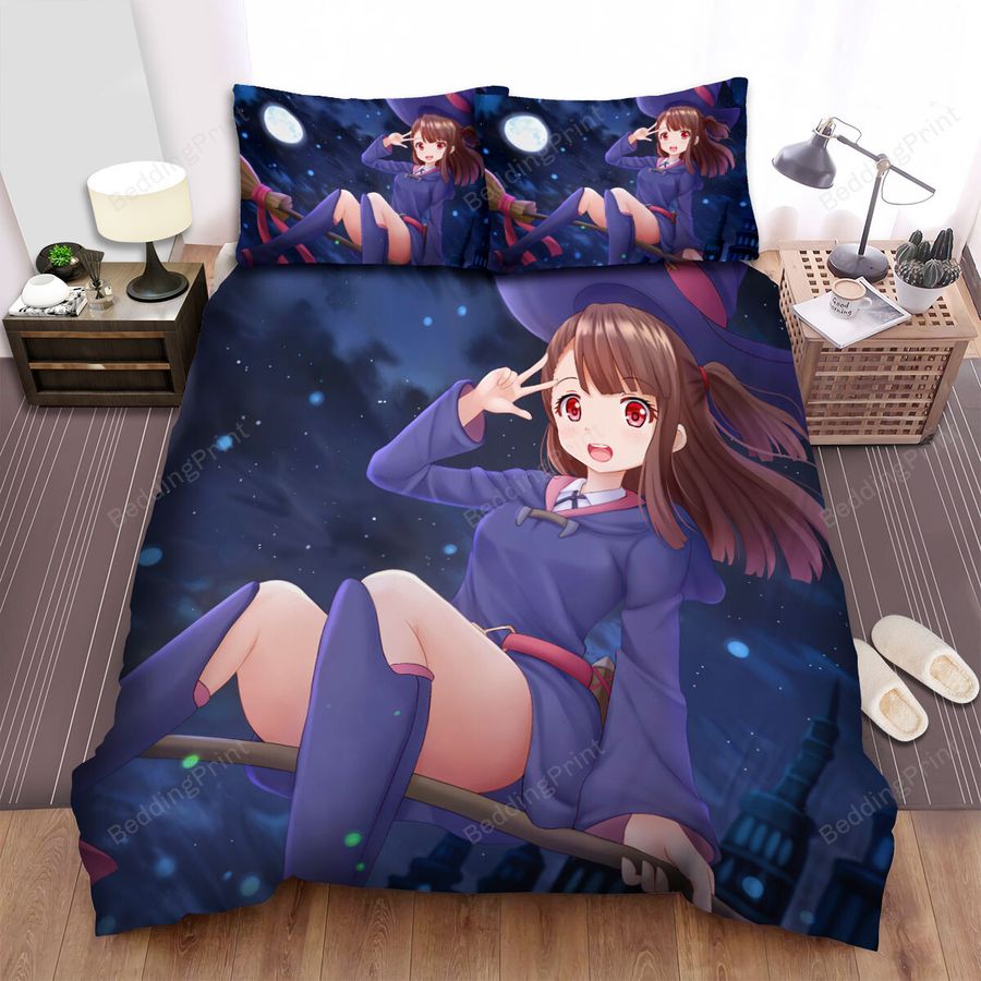 Little Witch Academia Kagari Atsuko On Flying Broom Bed Sheets Spread Duvet Cover Bedding Sets