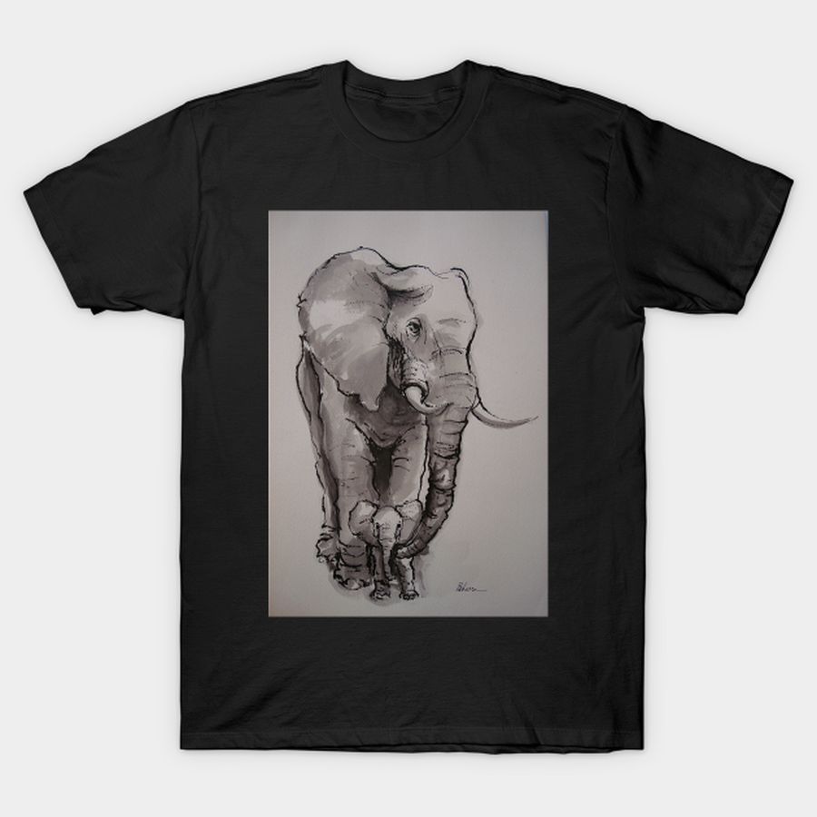 Mama Elephant And Baby   Ink Wash Painting On Vintage Paper T Shirt, Hoodie, Sweatshirt, Long Sleeve