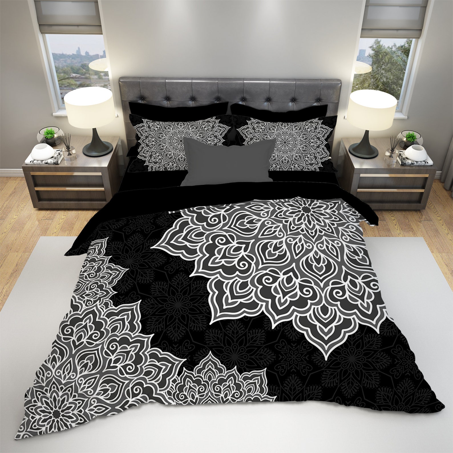 Mandala Black And White Boho Cotton Bed Sheets Spread Comforter Duvet Cover Bedding Sets