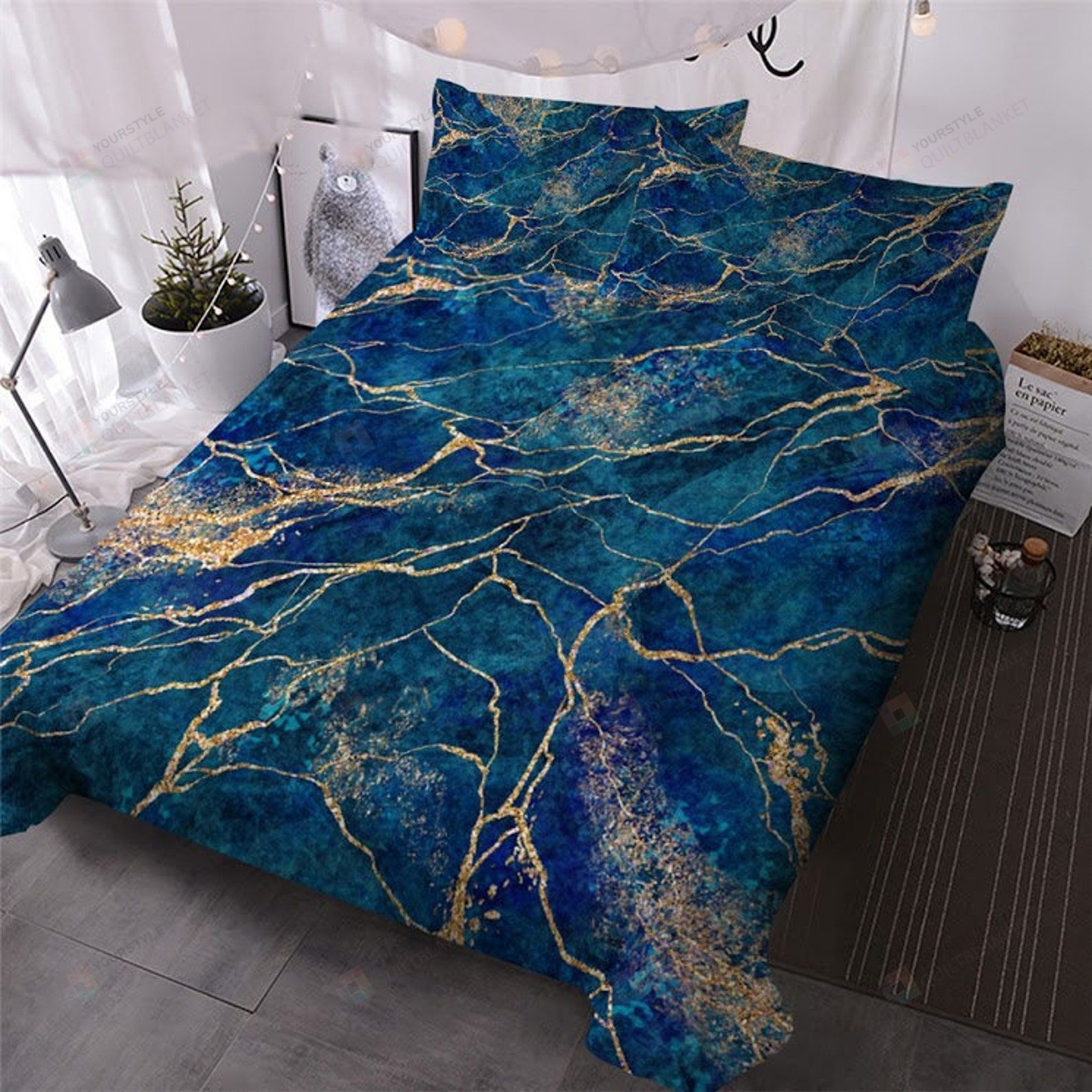 Marble Duvet Gold Ocean Blue Cotton Bed Sheets Spread Comforter Duvet Cover Bedding Sets