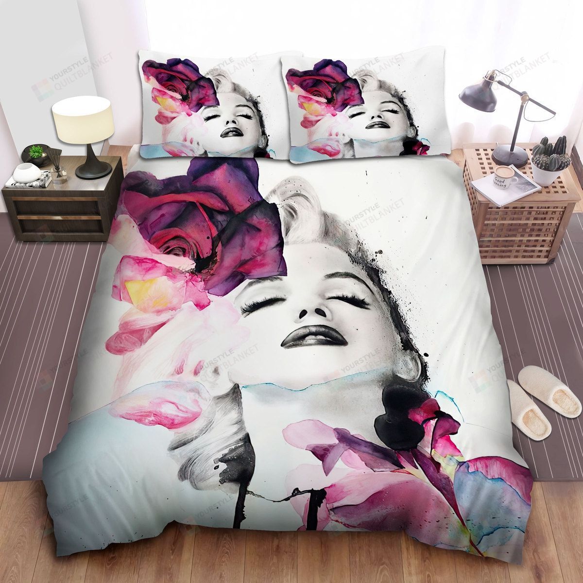 Marilyn Monroe & Roses In Watercolor Art Bed Sheets Spread Comforter Duvet Cover Bedding Sets
