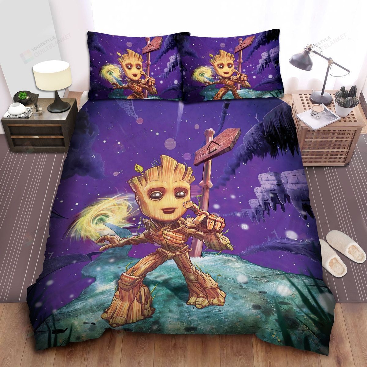Marvel Guardians Of The Galaxy Baby Groot In Animated Art Bed Sheets Spread Comforter Duvet Cover Bedding Sets