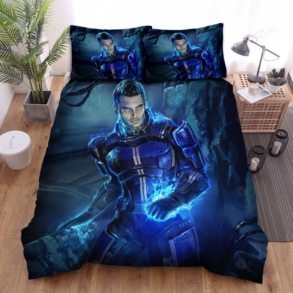 Mass Effect Shepard Blue Power Bed Sheets Spread Comforter Duvet Cover Bedding Sets