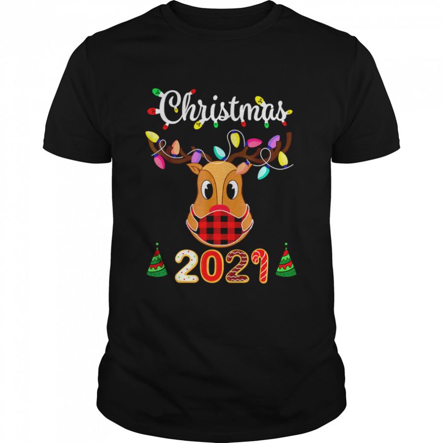 Matching Family Christmas 2021 Plaid Mask Rudolph Reindeer T-Shirt
