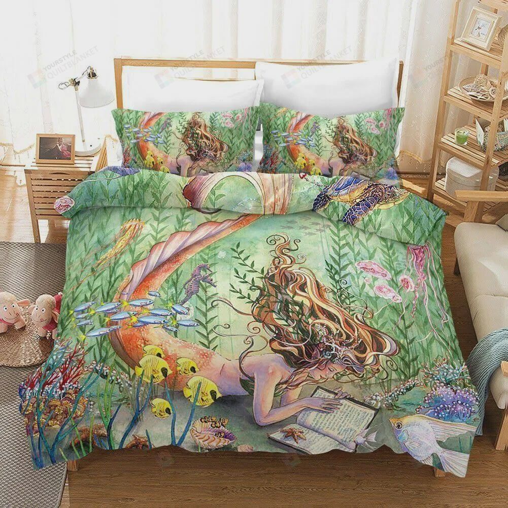 Mermaid Reading Book Beneath Ocean Surface Cotton Bed Sheets Spread Comforter Duvet Cover Bedding Sets