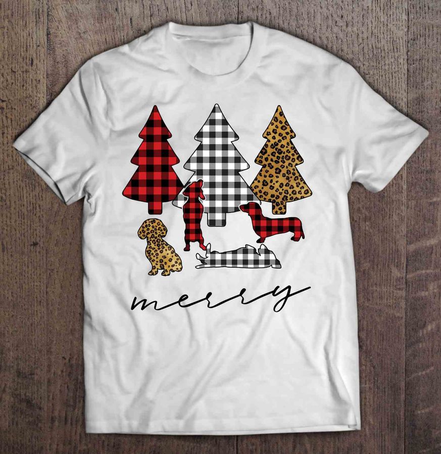 Merry Check And Leopard Skin Christmas Tree And Dachshund TShirt