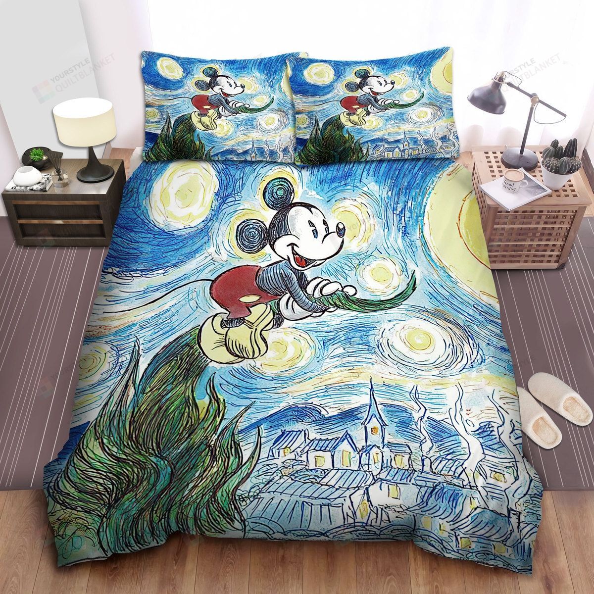 Mickey Mouse In Starry Night Drawing Style Bed Sheets Spread Comforter Duvet Cover Bedding Sets