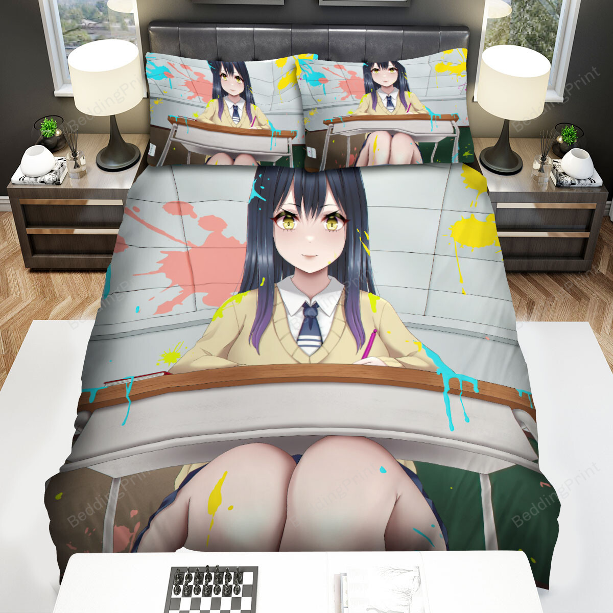 Mieruko-Chan Miko Yotsuya & Paint Splashed In Classroom Bed Sheets Spread Duvet Cover Bedding Sets