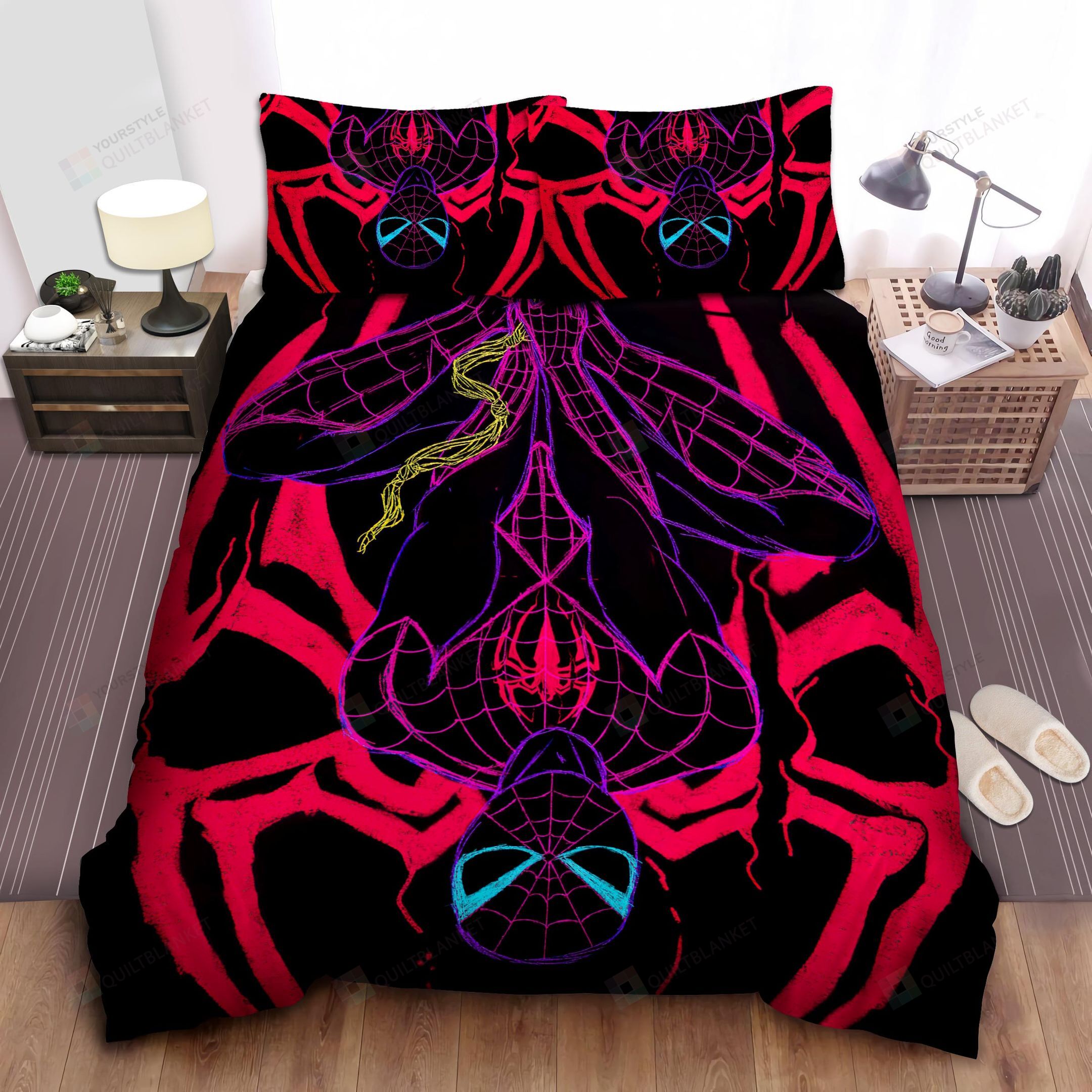 Miles Morales Spider-Man Neon Colors Drawing Bed Sheets Spread Comforter Duvet Cover Bedding Sets