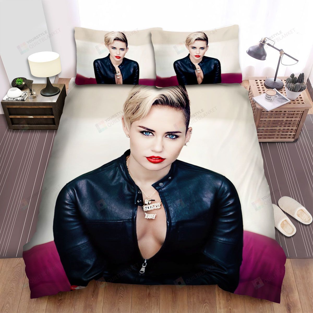 Miley Cyrus Wearing Leather Black Coat Bed Sheets Spread Duvet Cover Bedding Sets