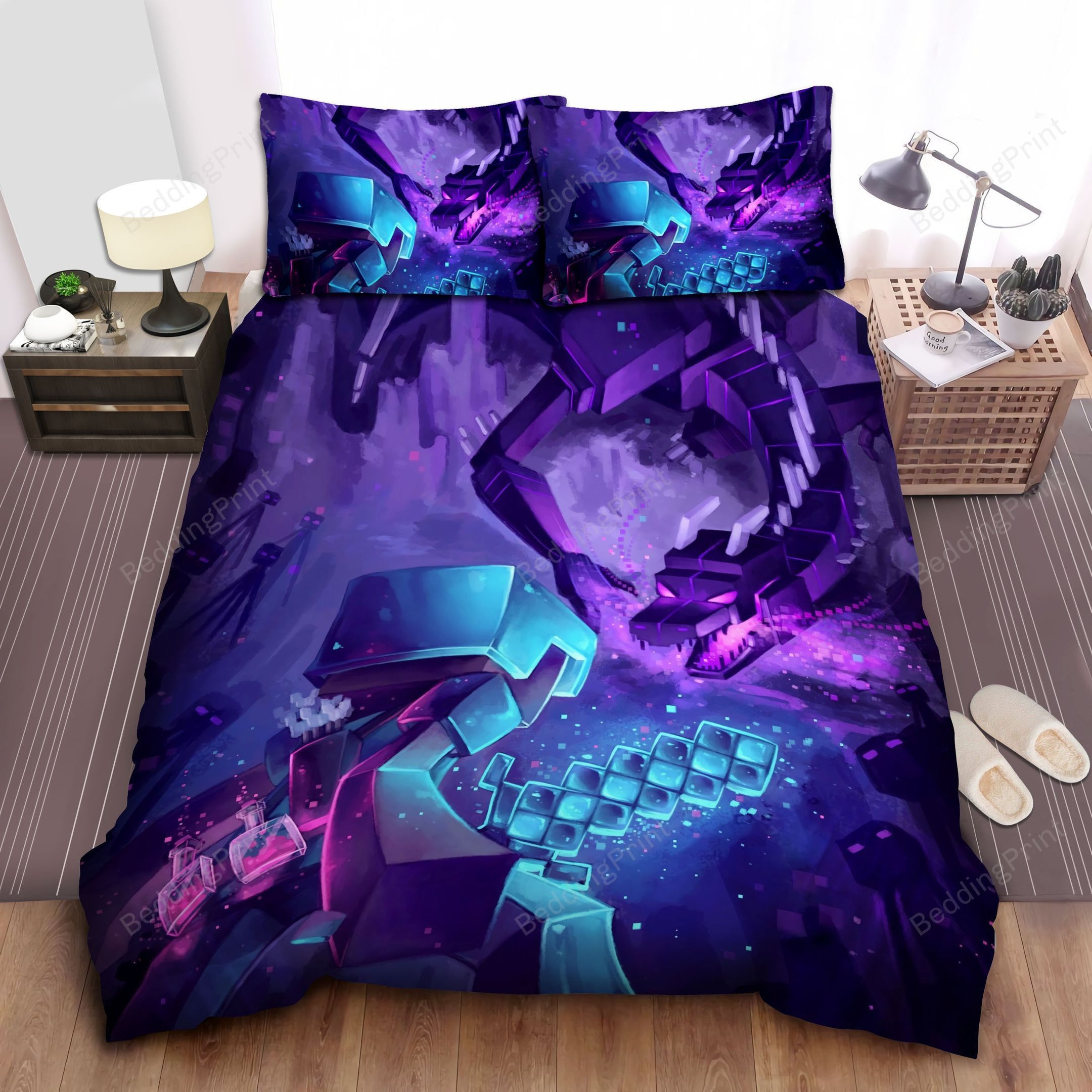 Minecraft Warrior Vs The Purple Dragon Bed Sheets Spread Duvet Cover Bedding Sets