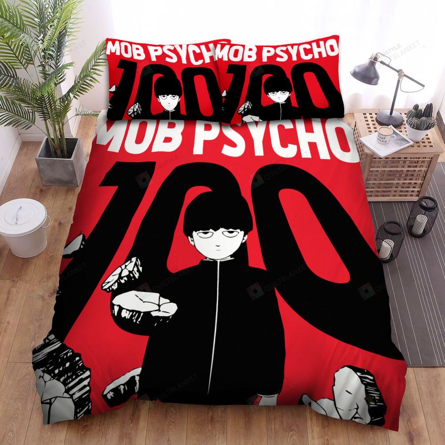 Mob Psycho 100 Mob In Black And White With Red Background Bed Sheets Spread Comforter Duvet Cover Bedding Sets