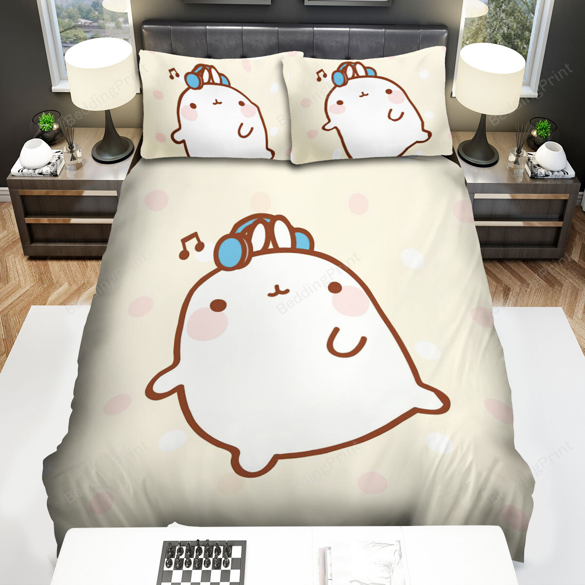 Molang Listening To Music Bed Sheets Spread Duvet Cover Bedding Sets