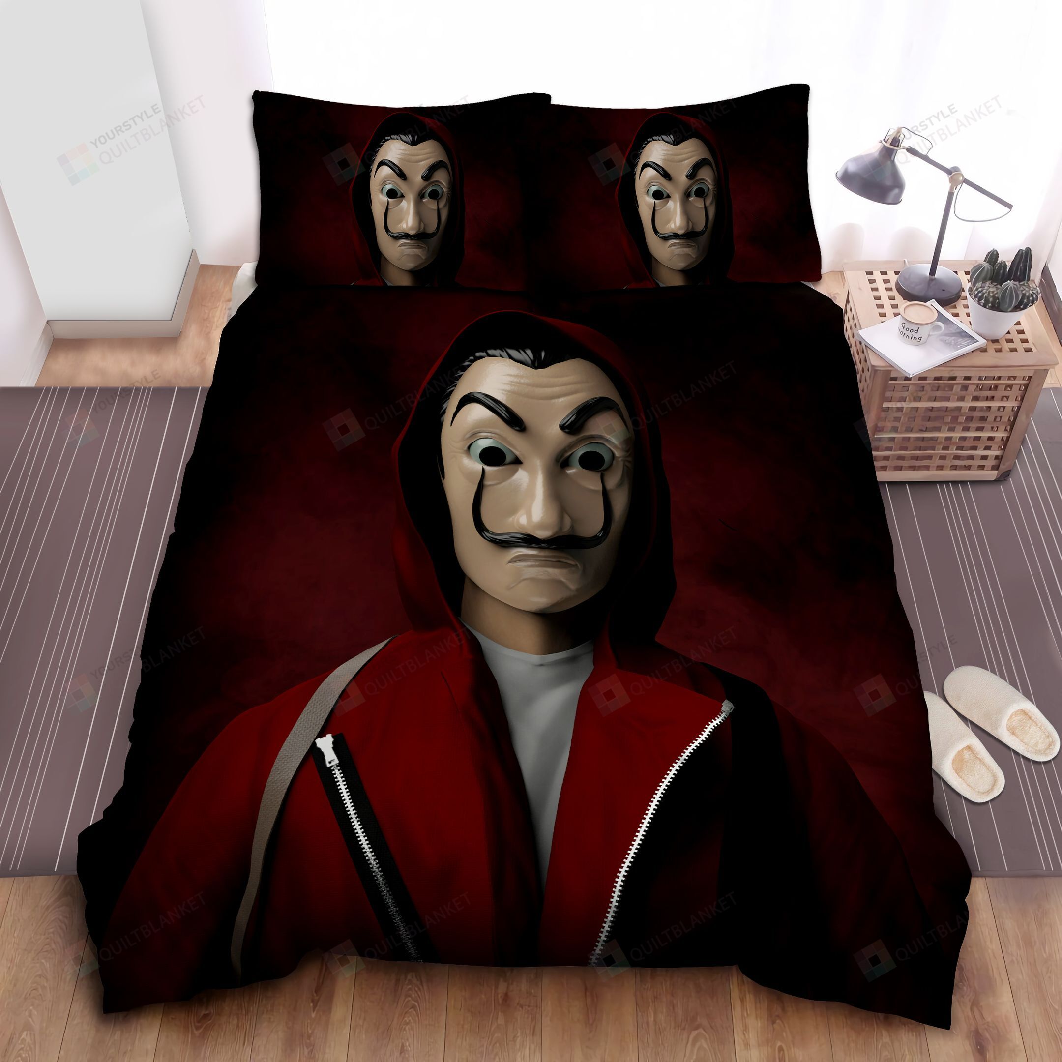 Money Heist Dali Mask And Red Suit 3d Illustration Bed Sheets Spread Duvet Cover Bedding Sets