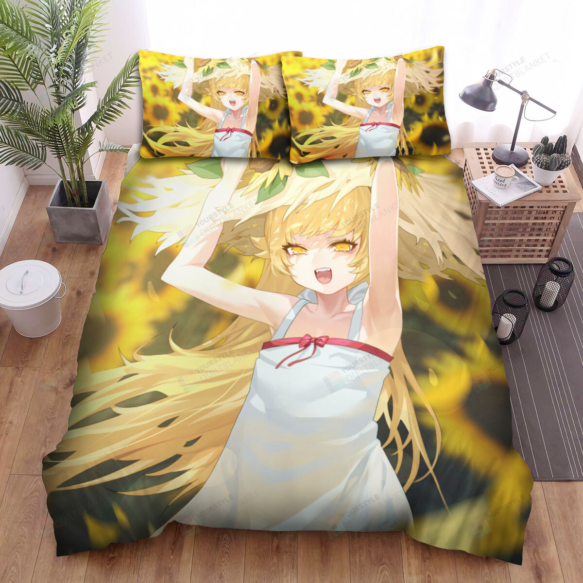 Monogatari Series Shinobu With The Sunflowers Bed Sheets Spread Comforter Duvet Cover Bedding Sets