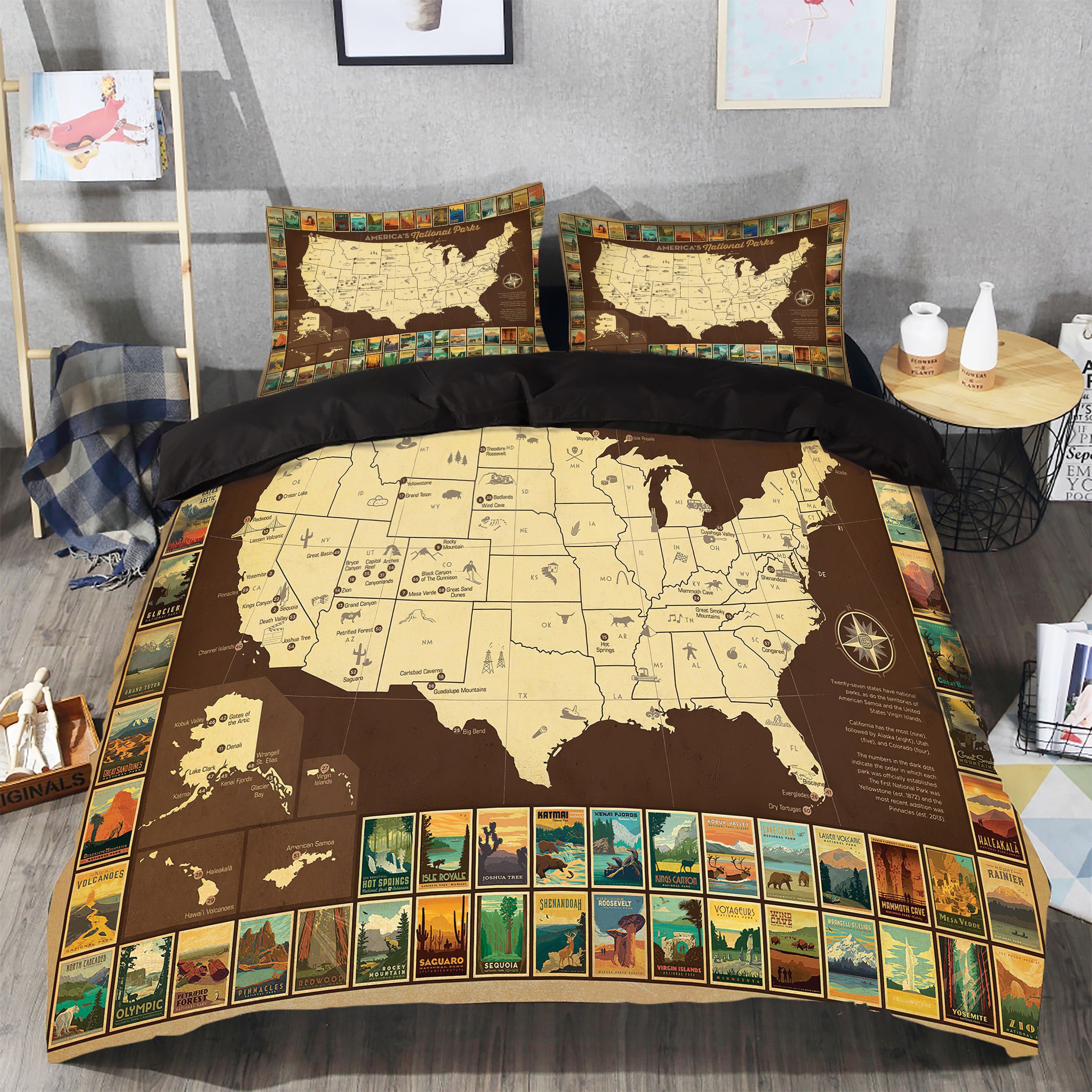 National Parks US Map Cotton Bed Sheets Spread Comforter Duvet Cover Bedding Sets