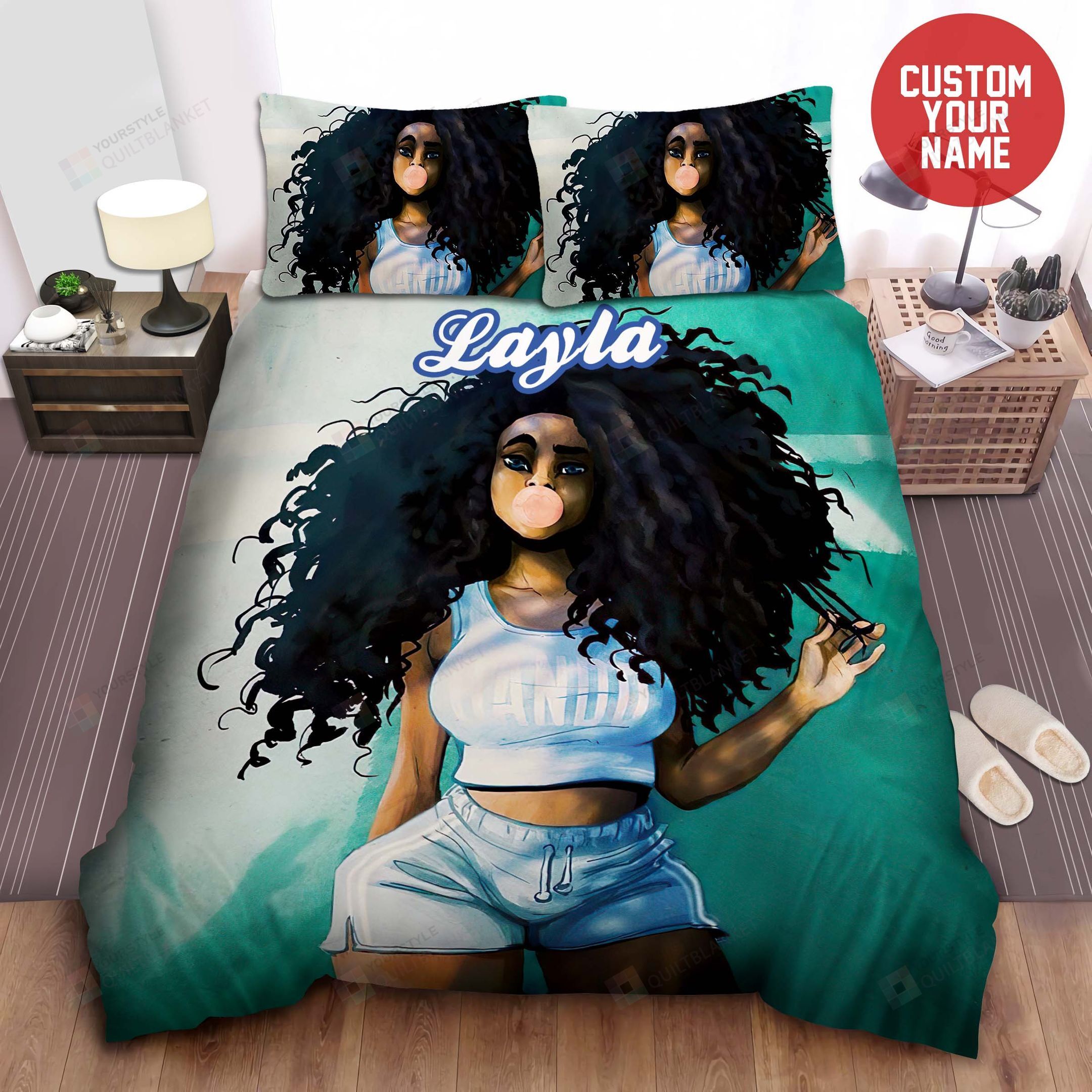 Natural Hair Style Black Girl Afican American Woman Custom Name Cotton Bed Sheets Duvet Cover Bedding Sets