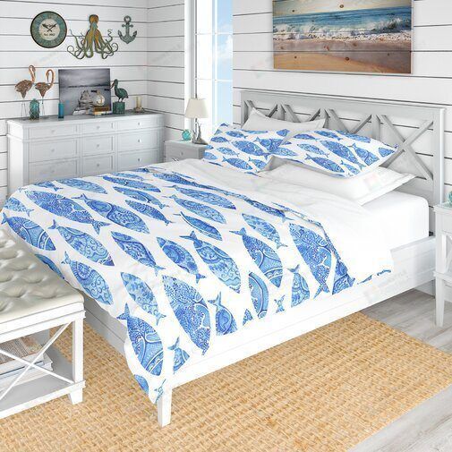 Nautical And Coastal Fish Cotton Bed Sheets Spread Comforter Duvet Cover Bedding Sets